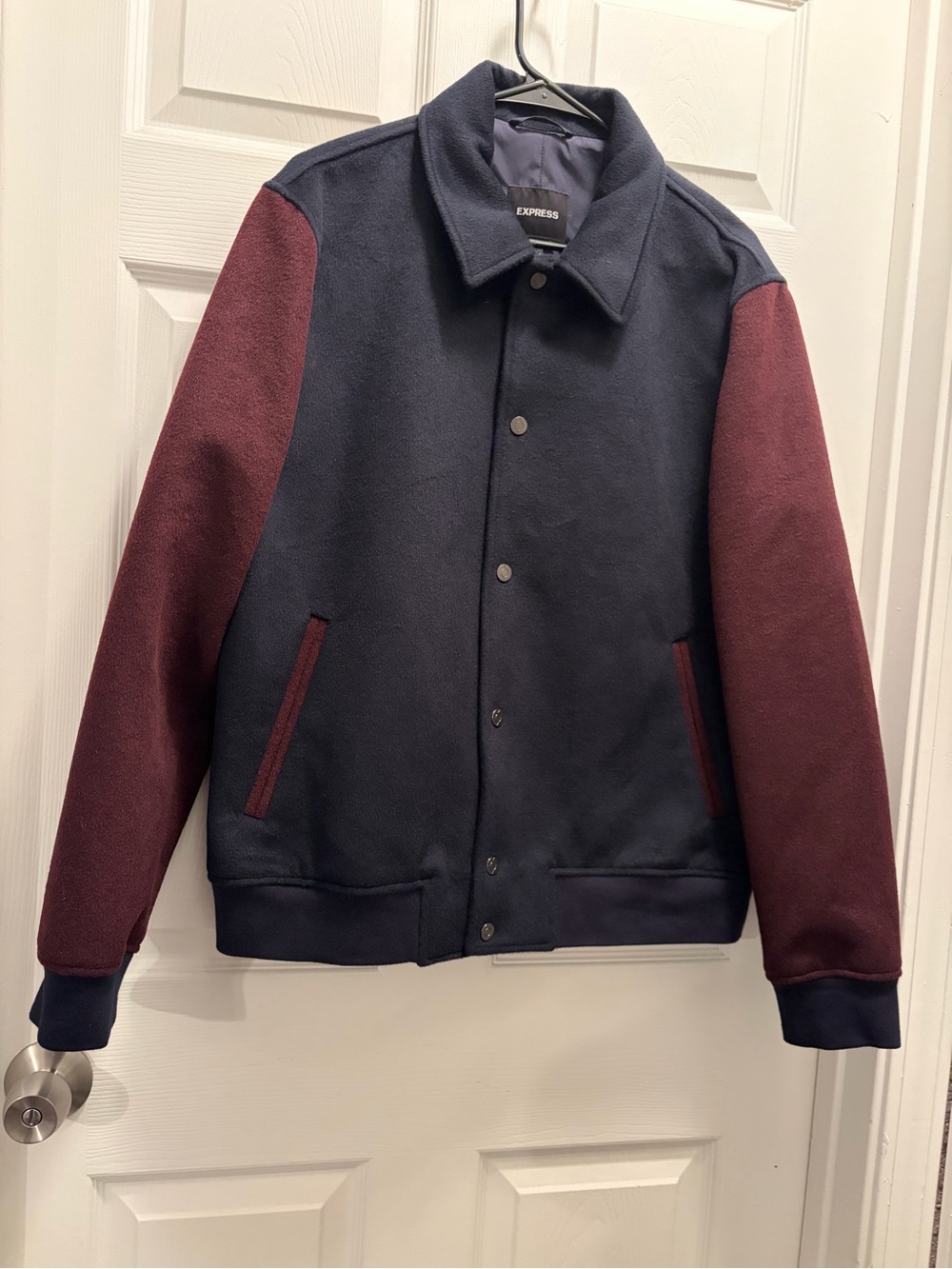 Express men’s colorblock wool-blend varsity/bomber jacket in navy blue and burgu